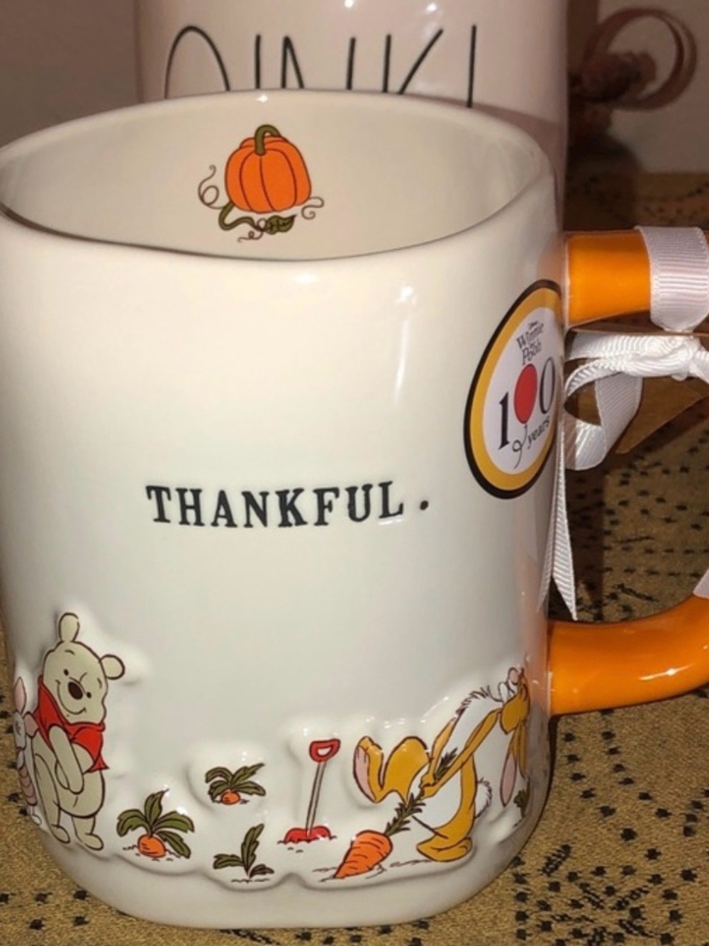 Rae Dunn Disney Winnie the Pooh "Thankful" Ceramic Mug - Orange Accents